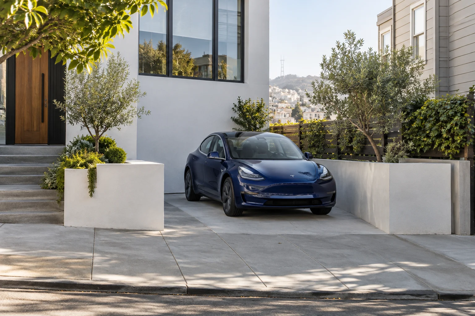 Illustrative navy car parked entirely within a private residential parking pad